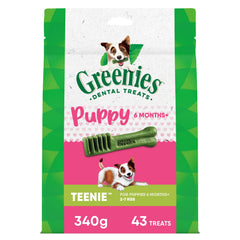 Greenies Teenie Puppy Dental Chews pack front shows vet-recommended oral care for puppies