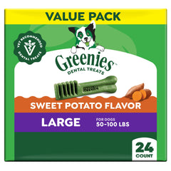 Greenies large-size package front shows 36 oz pack for daily dental care.