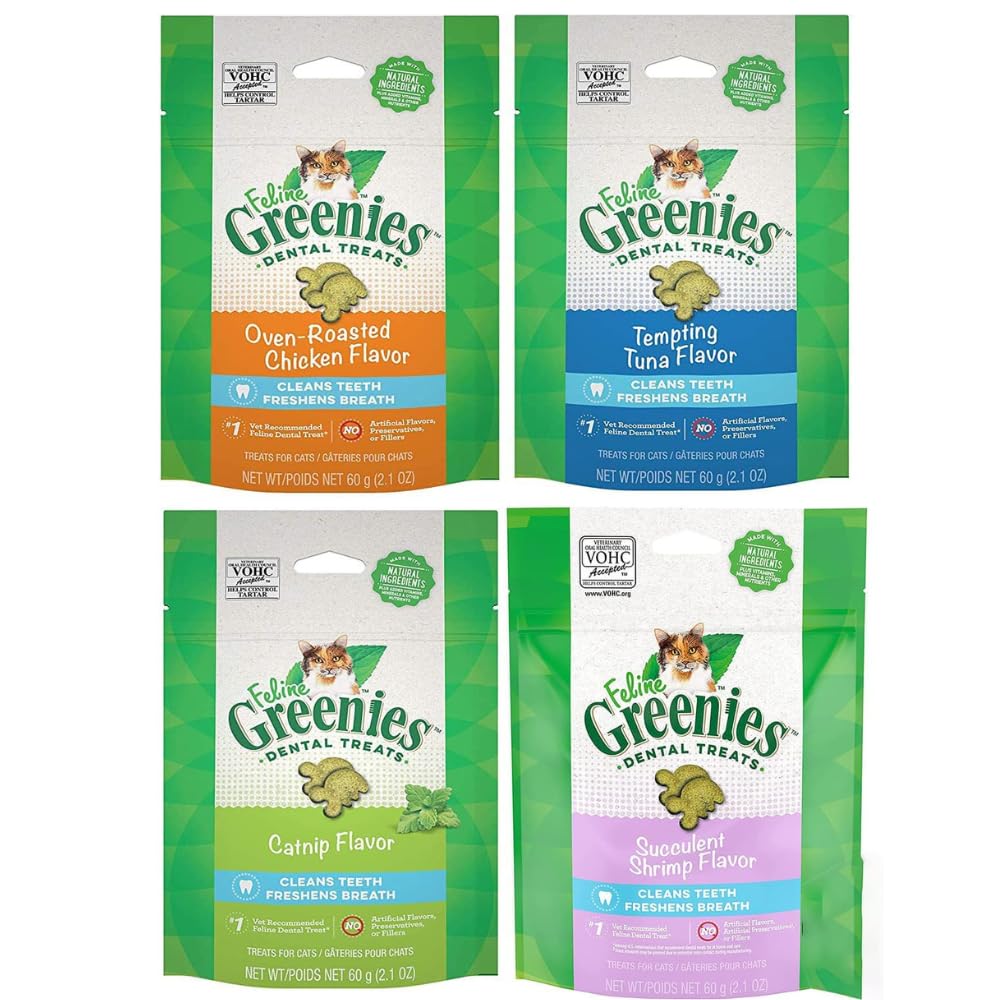 Greenies feline dental treats variety pack for daily teeth cleaning.