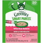 Greenies Feline Smart Purees tube closeup with real salmon for skin and fur health hydration