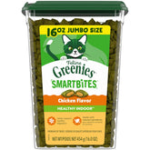 Greenies Feline Smartbites tub front showing chicken-flavor indoor cat treats for reward