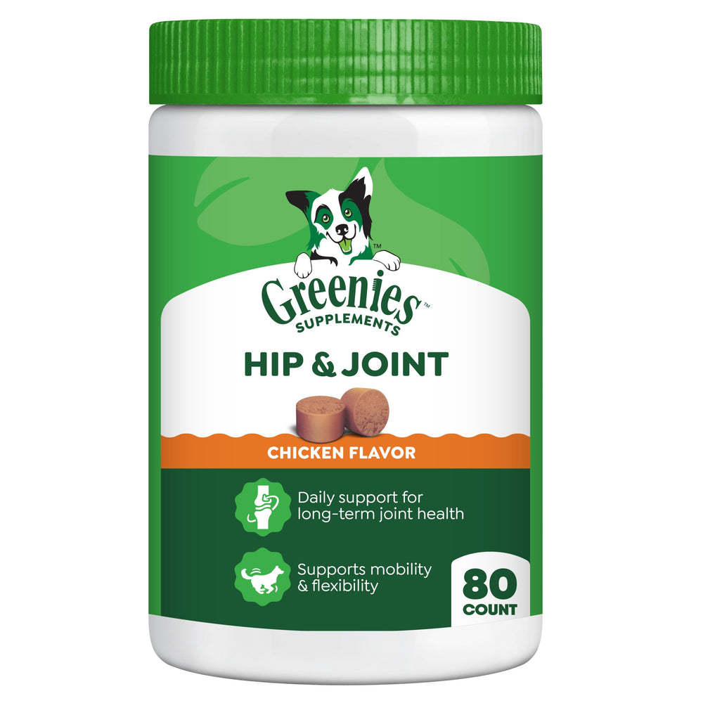 Greenies hip and joint soft chews support joints and mobility in dogs.