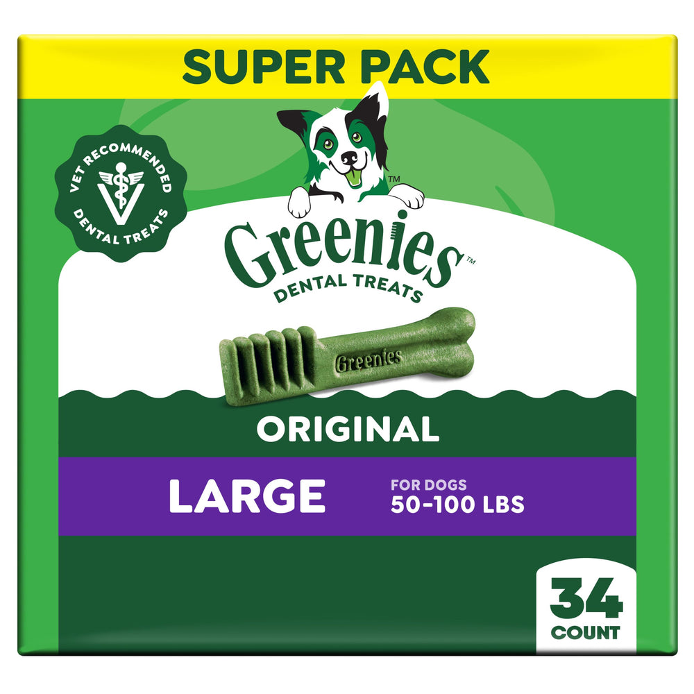 Greenies large dog dental chews original flavor pack shot, supporting dental care and fresh breath.