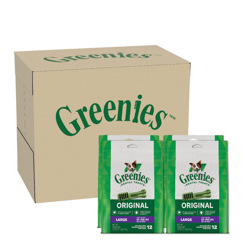 Greenies large dog dental chews original pack front; supports oral care for big breeds