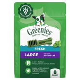 Greenies large mint dental treats pack 12oz for fresh breath.