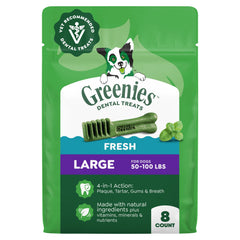 Greenies large mint dental treats pack 12oz for fresh breath.