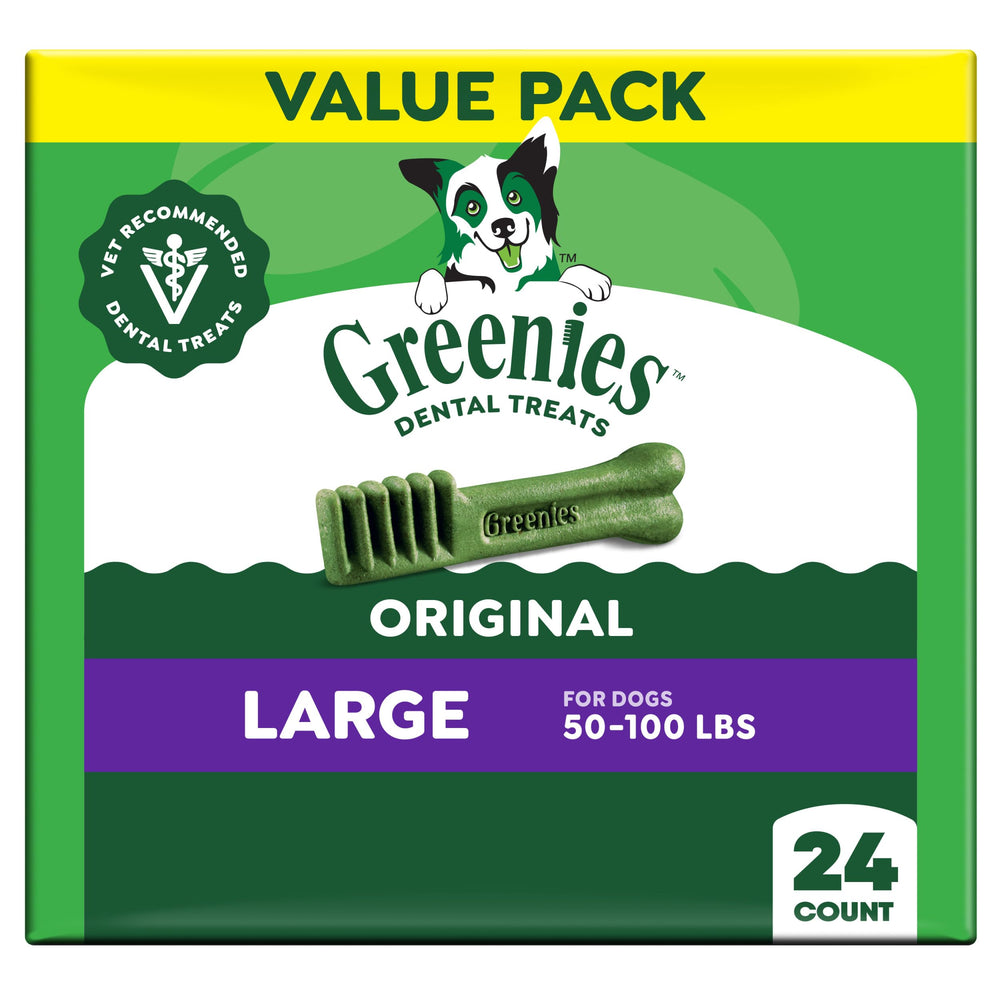 Greenies large original packaging 36oz for daily dental care.