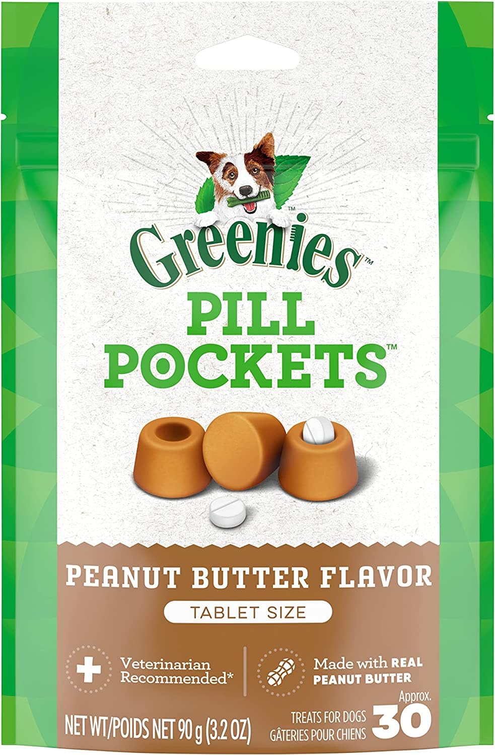 Greenies peanut butter pill-pocket pack ready for easy pet medication.