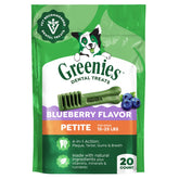 Greenies Petite Blueberry dental treats pack shot promote oral care for small to medium dogs.