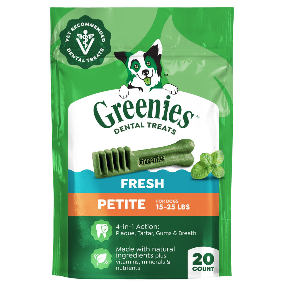 Greenies Petite pack shot of mint dental treats for daily oral care