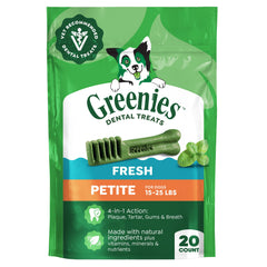 Greenies Petite pack shot of mint dental treats for daily oral care