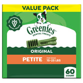 Greenies petite dental treats pack for small dogs with breath-freshening benefits.