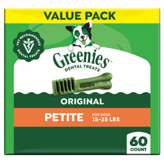 Greenies petite dental treats pack for small dogs with breath-freshening benefits.