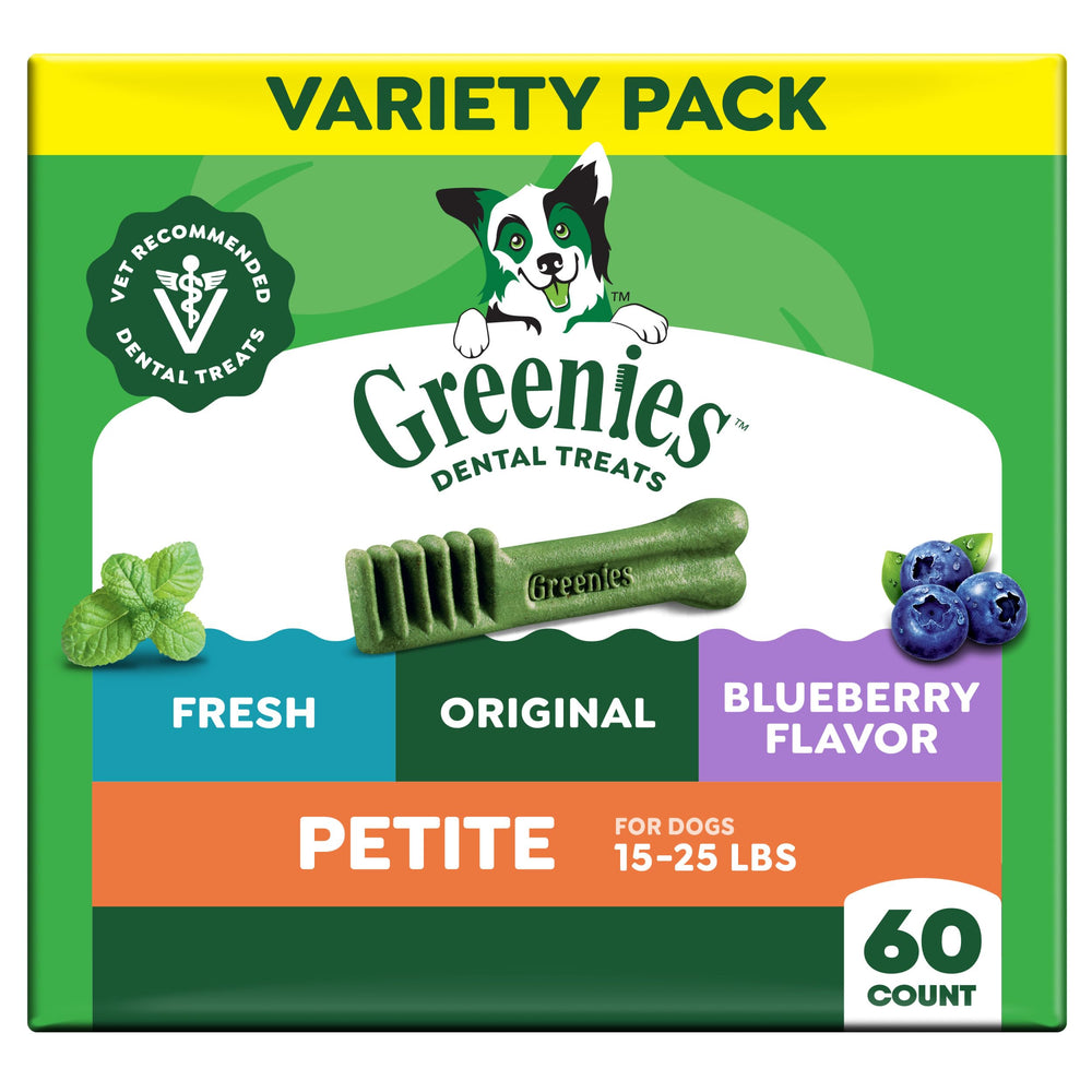 Greenies Petite dental treats outer box showing variety and vet-recommended dental care benefits