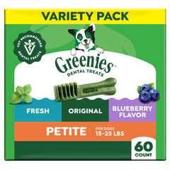 Greenies Petite dental treats outer box showing variety and vet-recommended dental care benefits