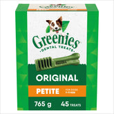 Greenies Petite original flavor bottle pack supports daily dental care for small dogs.
