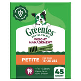 Greenies Petite dental treats bottle shows the 27 oz pack for small dogs