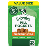 Greenies Pill Pockets packaging shows a convenient, mess-free pill-timing solution for dogs.