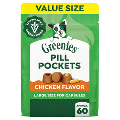 Greenies Pill Pockets packaging shows a convenient, mess-free pill-timing solution for dogs.