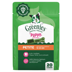 Greenies Puppy Dental Treats Petite front pack promotes daily dental care