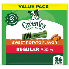 Greenies regular dental chews sweet-potato pack front promotes daily dog dental care