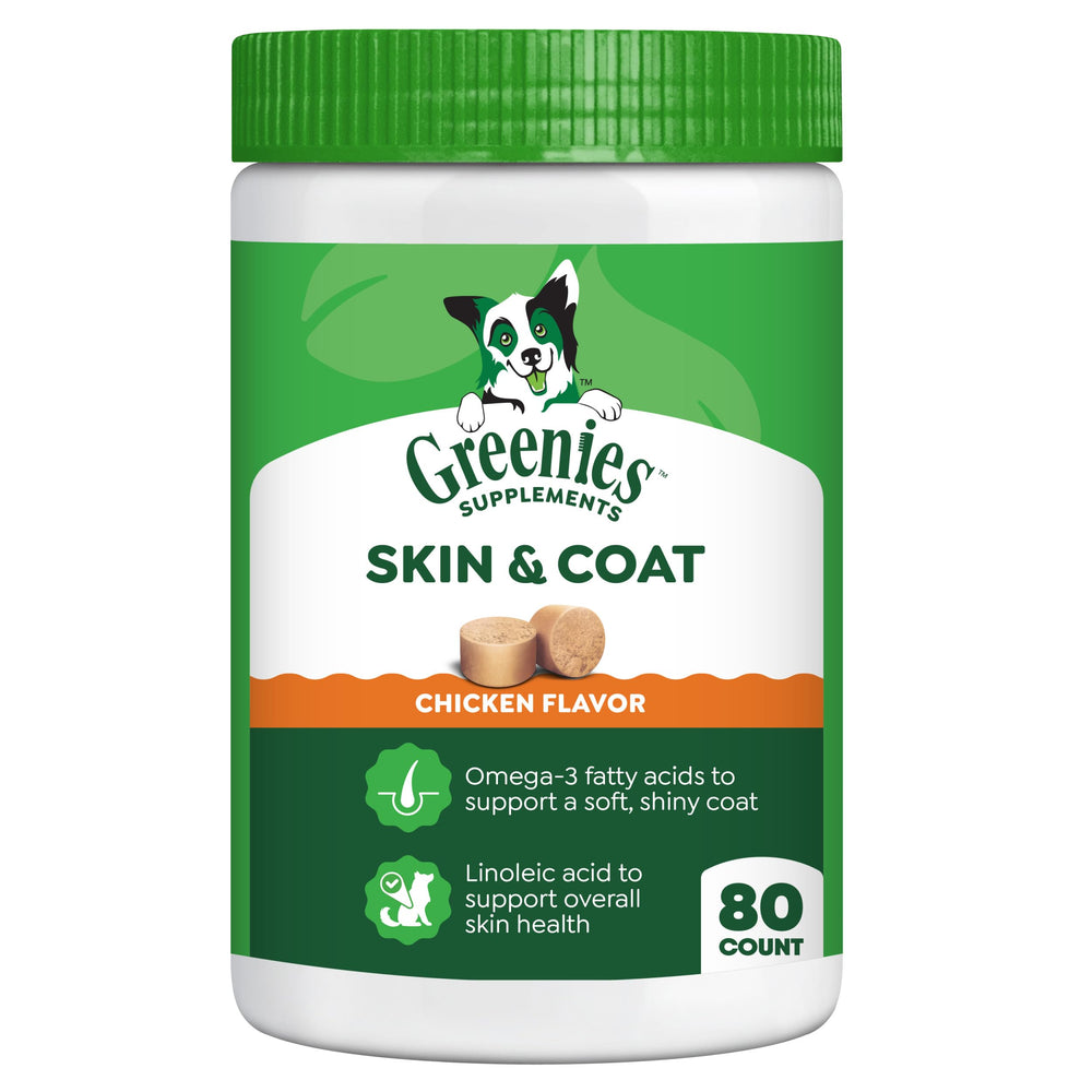 Greenies Skin & Coat bottle-pour demonstrates easy daily dosing for healthier skin.
