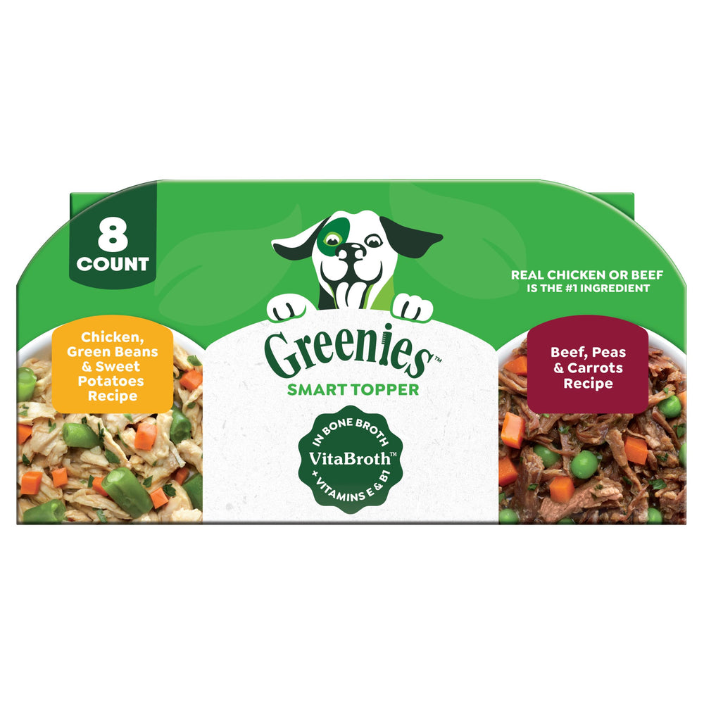 Greenies Smart Topper served in a dog bowl, tasty and protein rich.