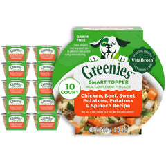 Greenies Smart Topper with real chicken and beef ingredients boosts meal flavor.