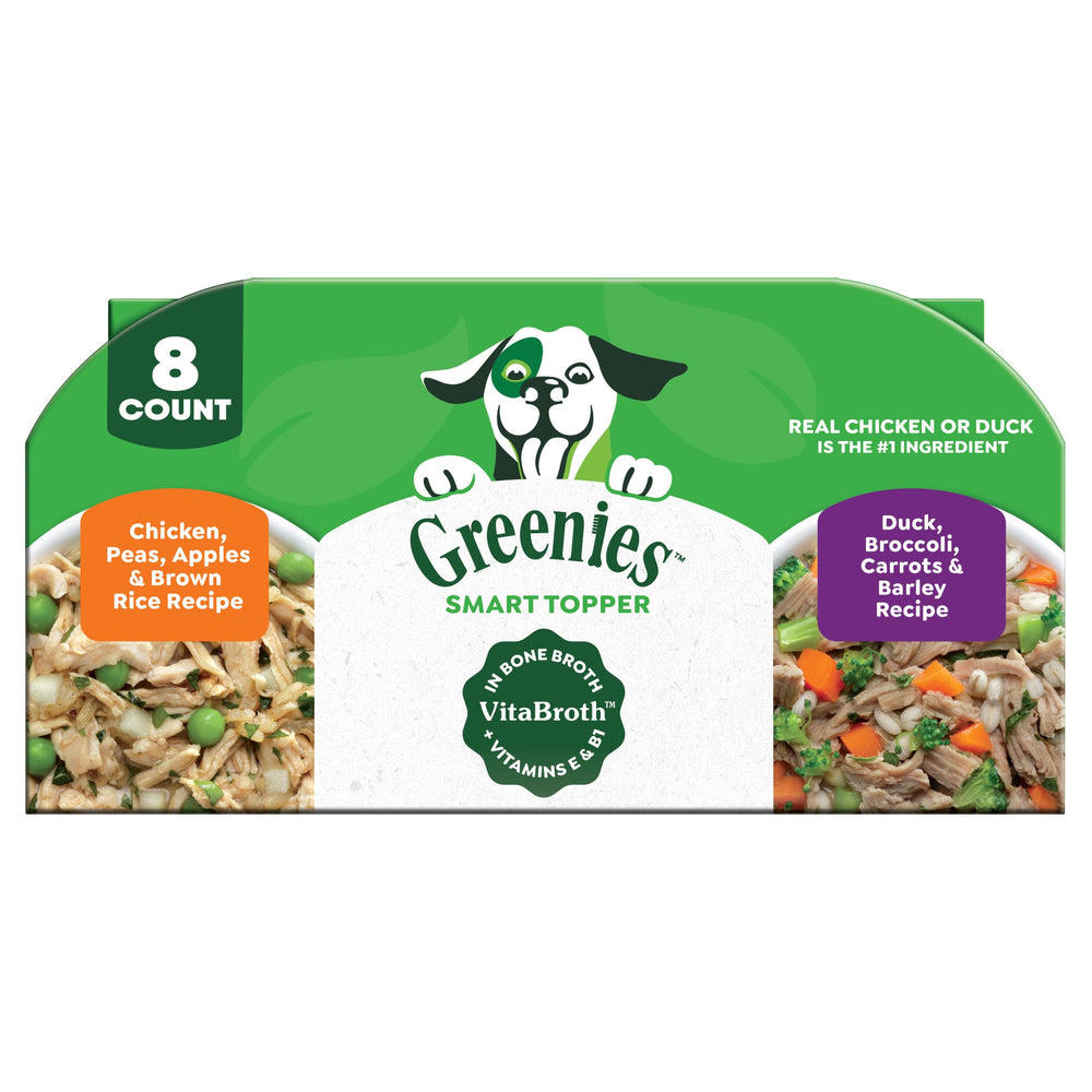 Greenies Smart Topper duck wet dog food trays enhance meals with protein boost.
