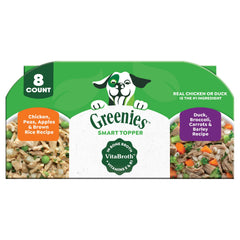 Greenies Smart Topper duck wet dog food trays enhance meals with protein boost.