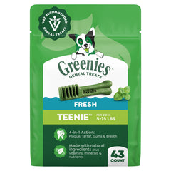 Greenies Teenie mint-flavored dental treats pack-12oz for fresh breath in small dogs.
