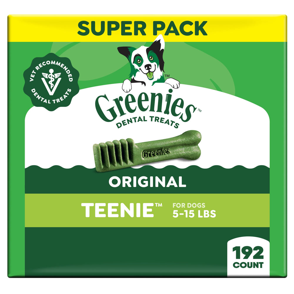 Greenies Teenie-Size Original dental chews bottle front supports tartar control.
