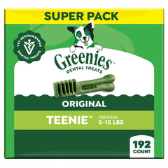 Greenies Teenie-Size Original dental chews bottle front supports tartar control.