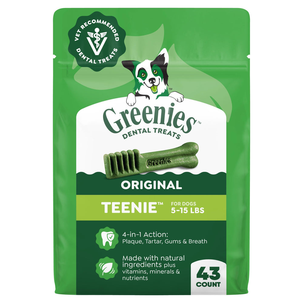 Greenies Teenie original flavor packaging shown for small dogs