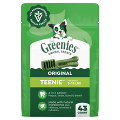 Greenies Teenie original flavor packaging shown for small dogs