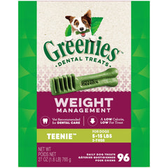 Greenies Teenie dental chews pack shot for small dogs, supporting plaque control.