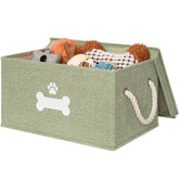 GreenPetopia dog toy basket with lid keeps toys organized and clean.