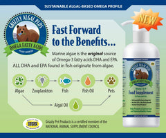 Grizzly Algal Plus no-fish-smell bottle highlights odor-free supplementation for dogs and cats