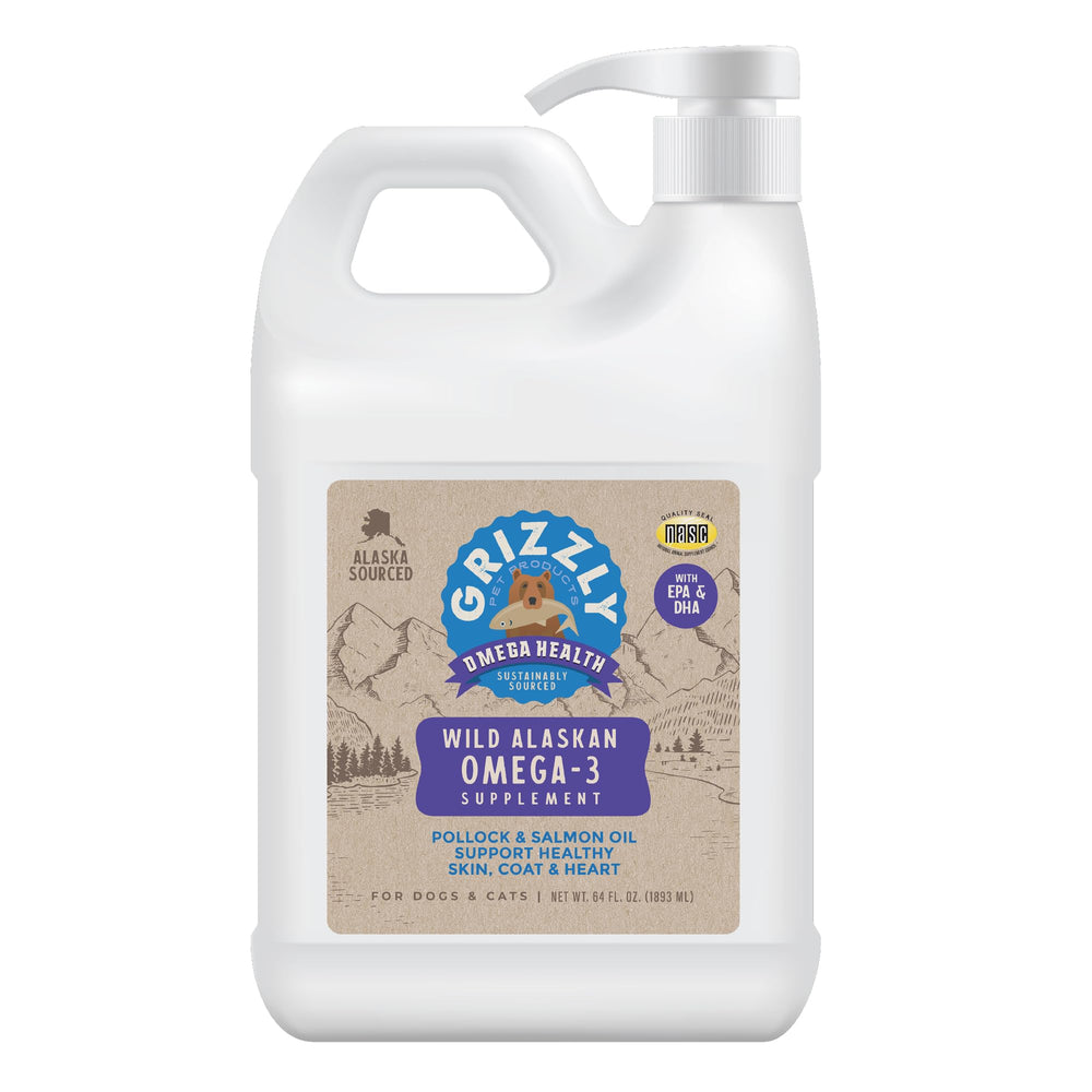 Grizzly Omega Health bottle pour for easy dosing to support skin and coat.