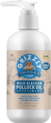 GRIZZLY PET PRODUCTS Pollock Oil bottle shows omega-rich formula for coat support
