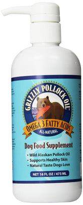 Grizzly Pollock Oil pump-over-food bottle to support healthy skin and coat.