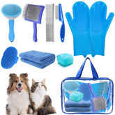 Grnheat 8-piece grooming kit in action with slicker brush detangling fur