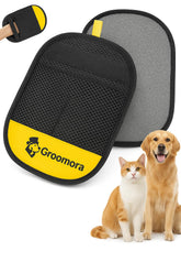 Groomora pet hair removal glove on sofa showing deep fur pickup