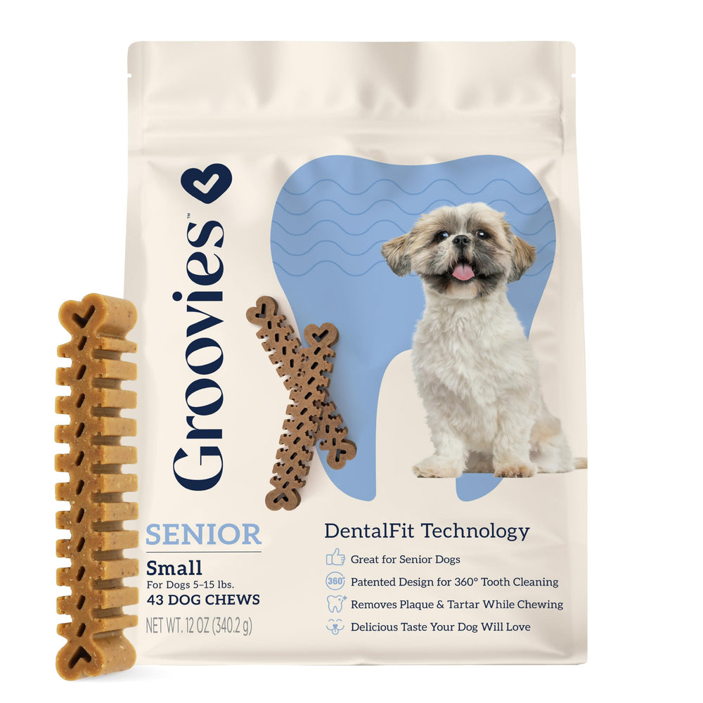 Groovies Gentle and Flexible chews in packaging, easy daily administration for small dogs.