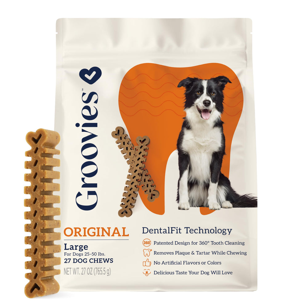 Groovies packaging and chews shown for daily oral care routine.