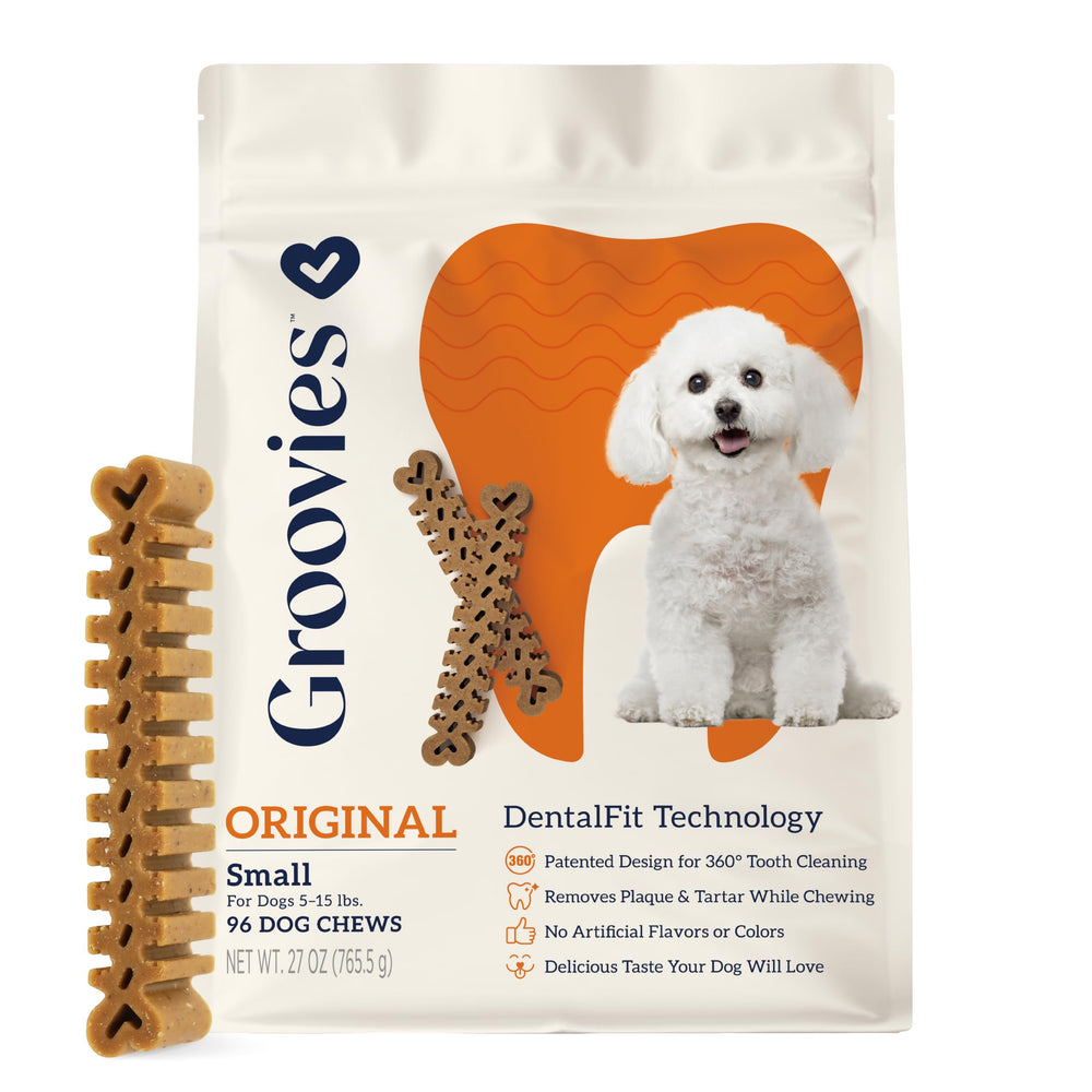 Groovies packaging front showcases USA-made small dog chews.