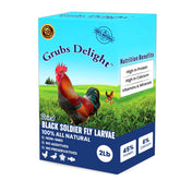 Grubs Delight bag close-up of dried BSFL larvae for calcium-rich poultry treats.