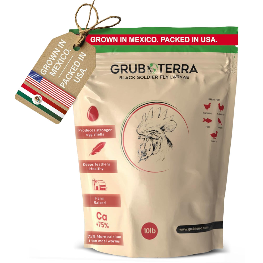 GrubTerra BSFL dried larvae packaging for fresh storage and easy feeding.
