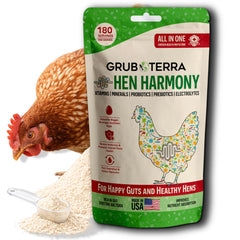GrubTerra Hen Harmony bottle label shows electrolytes, probiotics, and vitamins