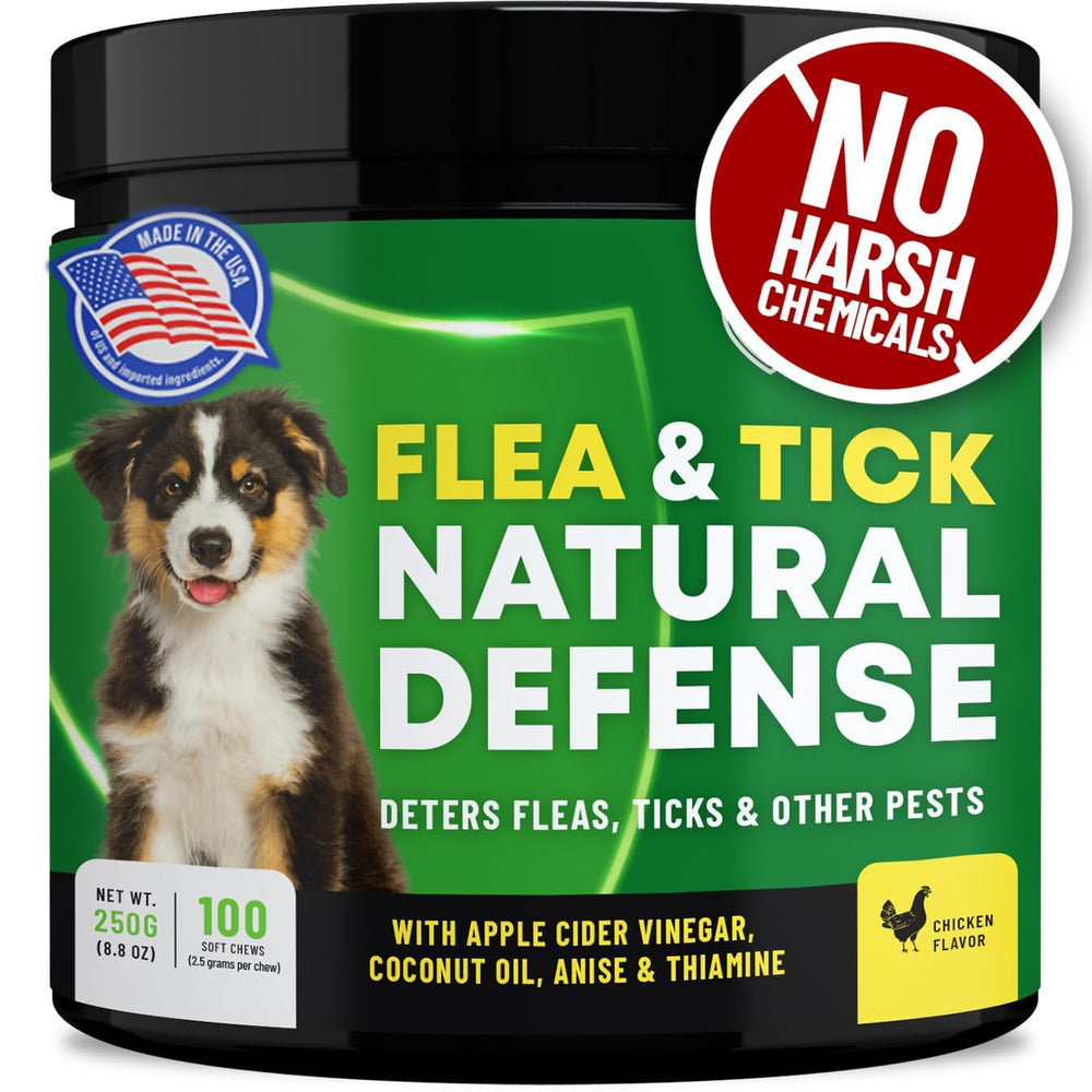 Guardian's Choice flea and tick chews in a dog bottle, easy administration for busy households.
